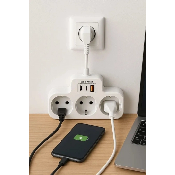 BFS Çoklu Kablolu Priz Yüksek Gerilim Korumalı 3’lü Priz 1x Usb 2x Type-c Çıkışlı Grup Priz Çoğaltıcı Siyah