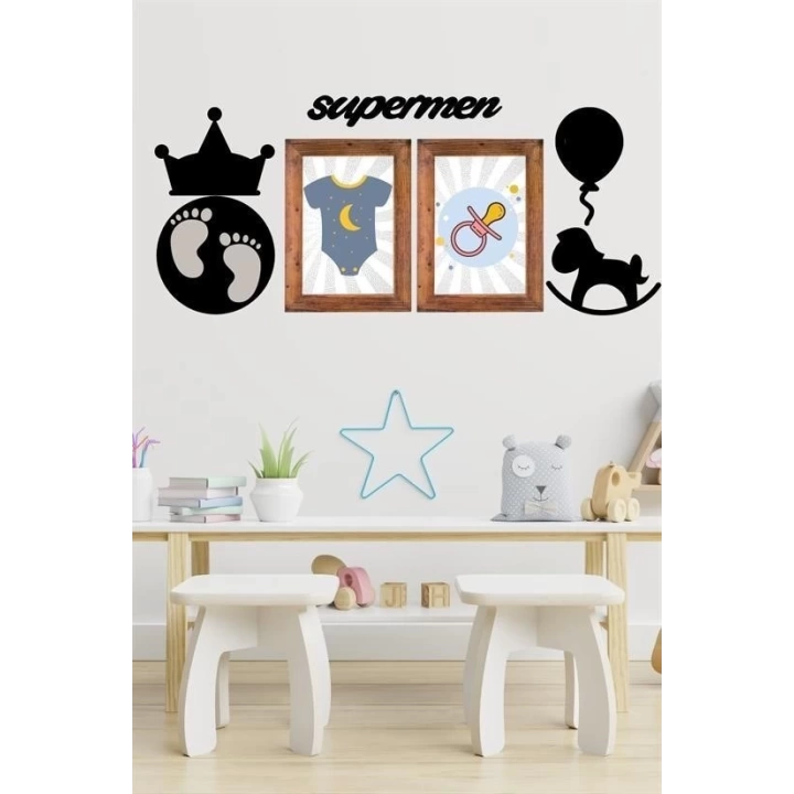 BFS  DECO103 Supermen Dekoratif Duvar Süsü Tablo Aksesuar Ahşap Tasarım Hediye Pano Sticker Seti