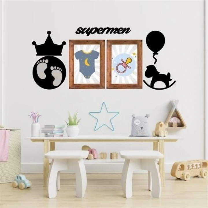 BFS  DECO103 Supermen Dekoratif Duvar Süsü Tablo Aksesuar Ahşap Tasarım Hediye Pano Sticker Seti
