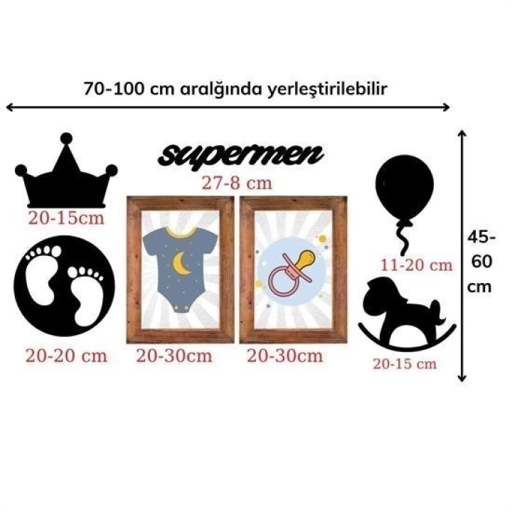 BFS  DECO103 Supermen Dekoratif Duvar Süsü Tablo Aksesuar Ahşap Tasarım Hediye Pano Sticker Seti