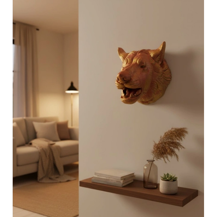 BFS Dekoratif Altın Gold Kurt Duvar Heykeli Asılabilir Hediyelik 25x19 cm