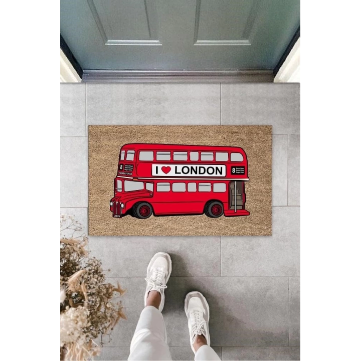 BFS Dekoratif Dijital I Love London Otobüsü Kırmızı Kapı Paspası Dış Mekan Paspas K-3172