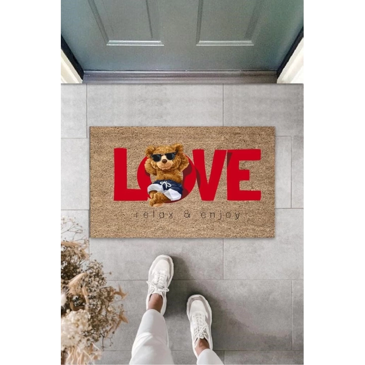 BFS Dekoratif Dijital Love Ayıcık Bej Kapı Paspası Dış Mekan Paspas K-3178
