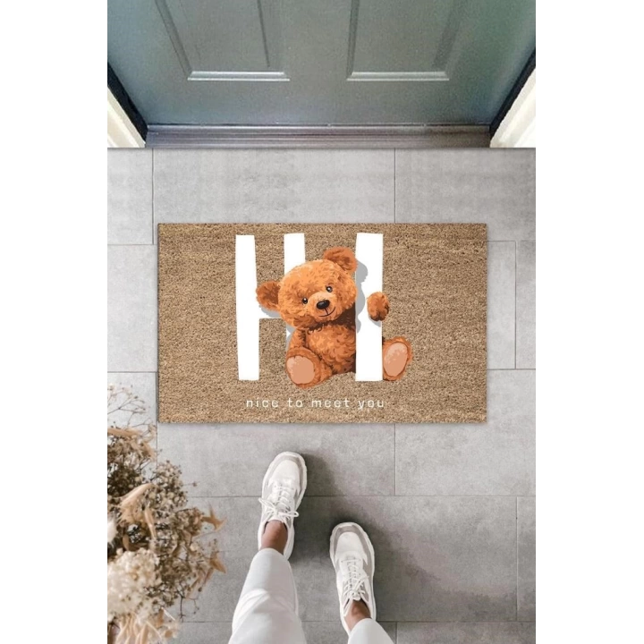 BFS Dekoratif Dijital Nice To Meet You Ayıcık Bej Kapı Paspası Dış Mekan Paspas K-3061