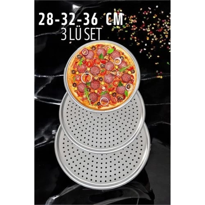 BFS Delikli Pizza Lahmacun Tepsisi Çelik 28-32-36 CM 3 lü SET