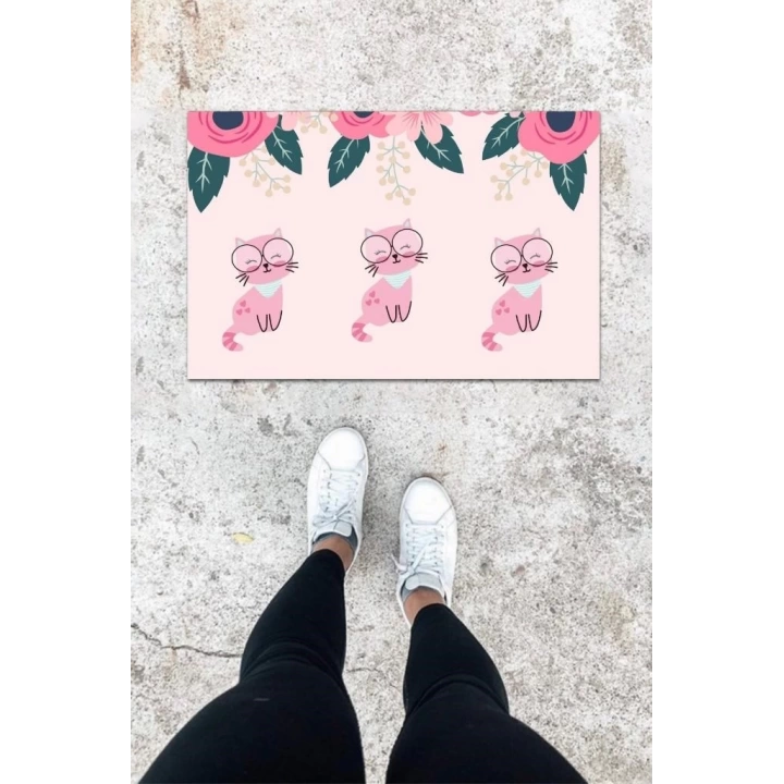 BFS Dijital Baskı Açık Pembe Üç Kedili Desen Kapı Önü Paspası K-1026