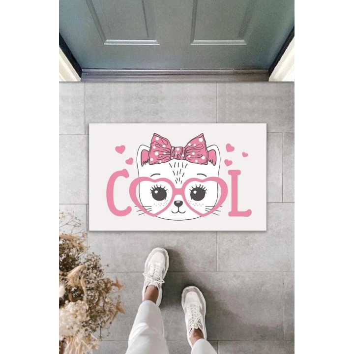 BFS Dijital Baskı Beyaz Cool Pembe Gözlüklü Fiyonklu Kedi Dekoratif Kapı Paspası K-2038
