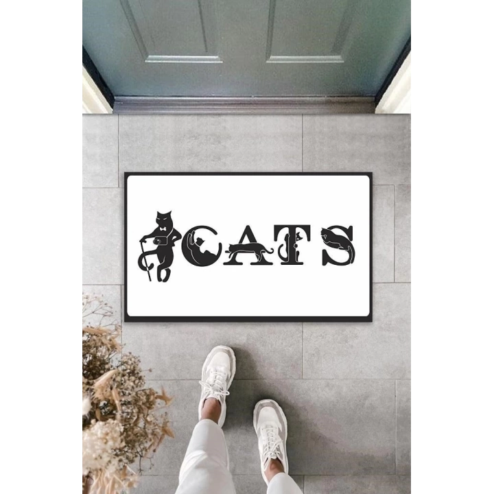 BFS Dijital Baskı Beyaz Kedilerle Bezenmiş Cats Yazılı Dekoratif Kapı Paspası K-2028