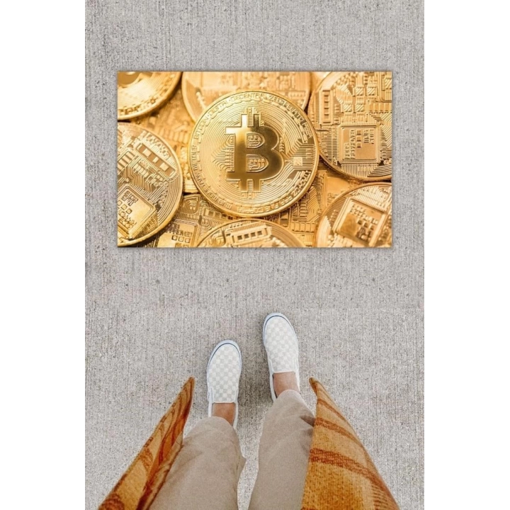 BFS Dijital Baskı Dekoratif Bitcoin Gold Kapı Önü Paspası K-1278
