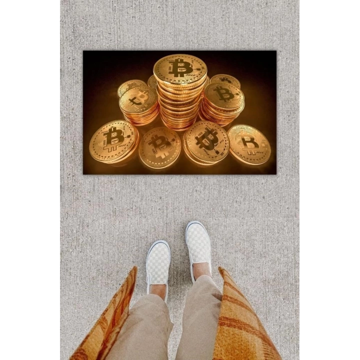 BFS Dijital Baskı Dekoratif Çoklu Bitcoin Gold Kapı Önü Paspası K-1279