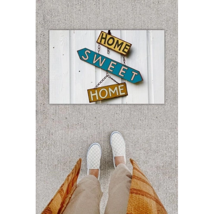 BFS Dijital Baskı Dekoratif Home Sweet Home Beyaz Kapı Önü Paspası K-1229