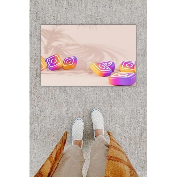 BFS Dijital Baskı Dekoratif Instagram Pembe Kapı Önü Paspası K-1269