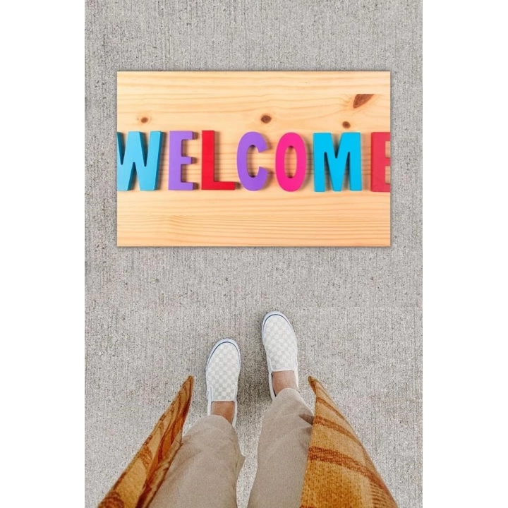 BFS Dijital Baskı Dekoratif Welcome Ahşap Kapı Önü Paspası K-1247