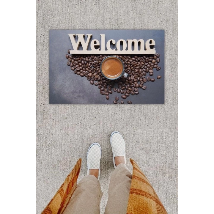 BFS Dijital Baskı Dekoratif Welcome Koyu Gri Kapı Önü Paspası K-1251