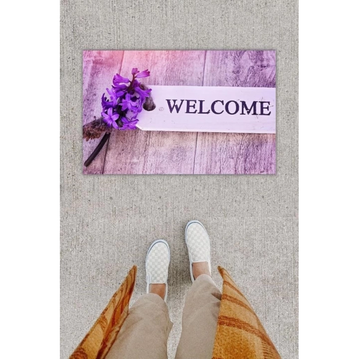 BFS Dijital Baskı Dekoratif Welcome Lila Kapı Önü Paspası K-1254