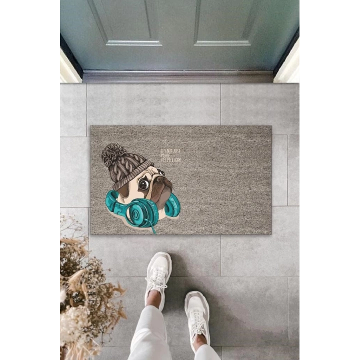BFS Dijital Baskı Gri Bereli Kulaklıklı Köpek Dekoratif Kapı Paspası K-2022