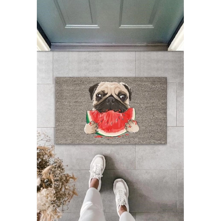 BFS Dijital Baskı Gri Dilim Karpuz Yiyen Köpek Dekoratif Kapı Paspası K-2033