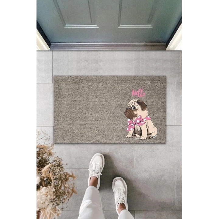 BFS Dijital Baskı Gri Hello Yazılı Pembe Fiyonklu Köpek Dekoratif Kapı Paspası K-2070