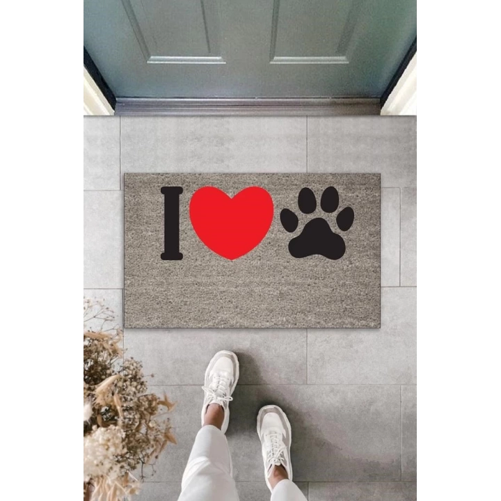 BFS Dijital Baskı Gri I Love Pati Kırmızı Kalpli Dekoratif Kapı Paspası K-2075