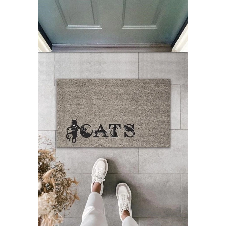 BFS Dijital Baskı Gri Kedilerle Bezenmiş Cats Yazılı Dekoratif Kapı Paspası K-2029