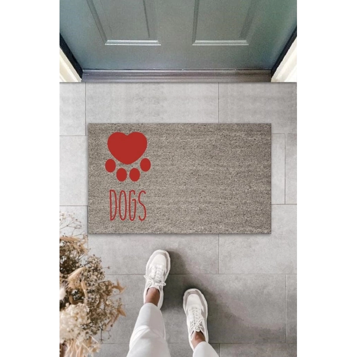 BFS Dijital Baskı Gri Kırmızı Kalpli Dogs Dekoratif Kapı Paspası K-2073