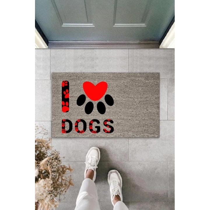 BFS Dijital Baskı Gri Kırmızı Kalpli Patili I Love Dogs Dekoratif Kapı Paspası K-2076