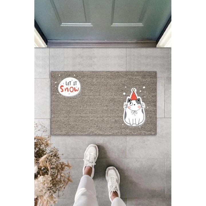 BFS Dijital Baskı Gri Let It Snow Kukuletalı Kedi Dekoratif Kapı Paspası K-2058