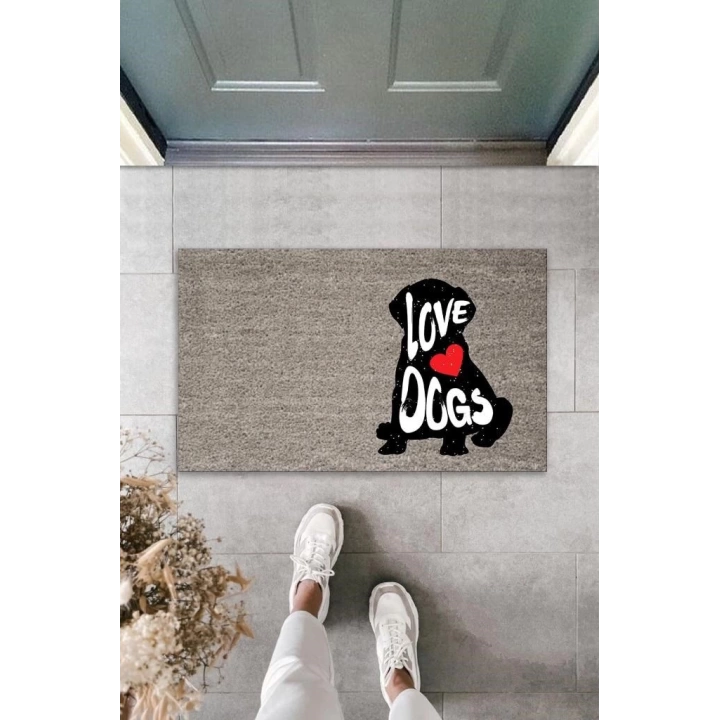 BFS Dijital Baskı Gri Love Dogs Köpekli Dekoratif Kapı Paspası K-2071