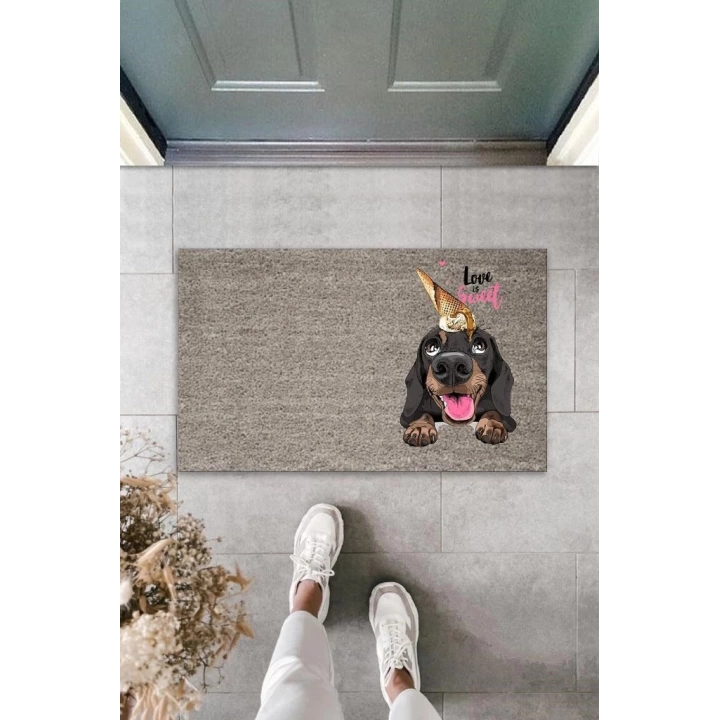BFS Dijital Baskı Gri Love Sweet Kafasında Külahlı Dondurmalı Köpek Dekoratif Kapı Paspası K-2055