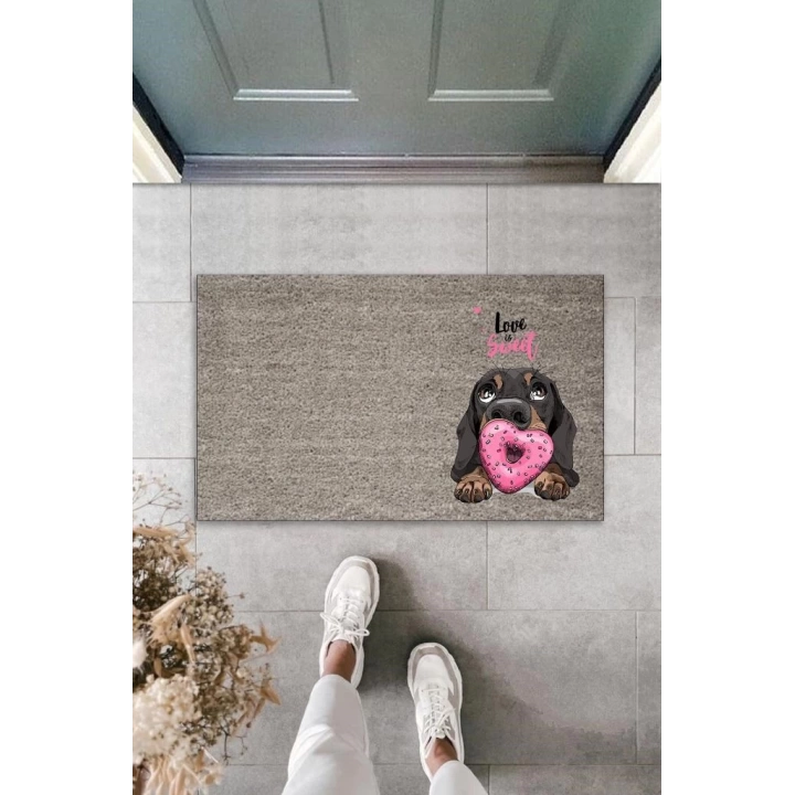 BFS Dijital Baskı Gri Love Sweet Köpekli Dekoratif Kapı Paspası K-2057