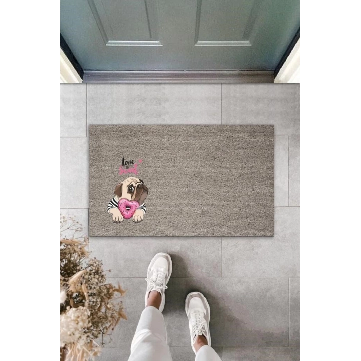 BFS Dijital Baskı Gri Love Sweet Pembe Şekerlemeli Bulldog Köpek Dekoratif Kapı Paspası K-2077