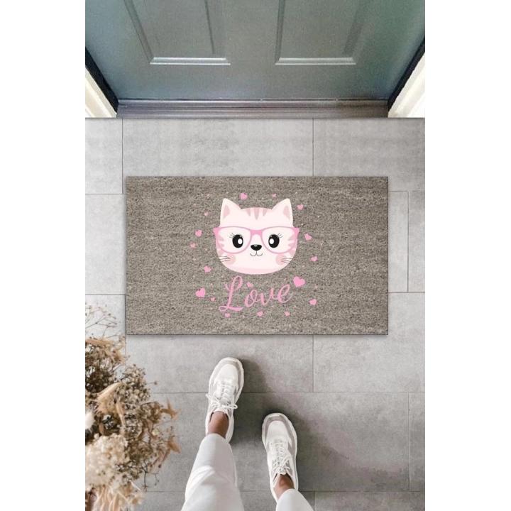 BFS Dijital Baskı Gri Love Yazılı Pembe Gözlüklü Kedi Dekoratif Kapı Paspası K-2049