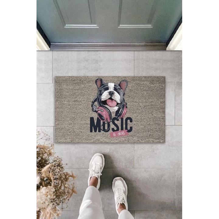 BFS Dijital Baskı Gri Music Yazılı Kulaklıklı Köpek Dekoratif Kapı Paspası K-2043