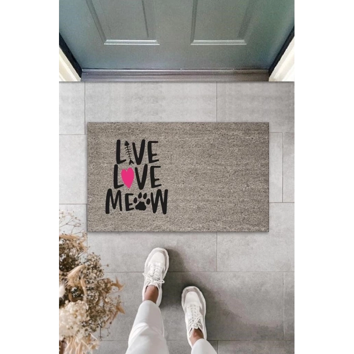 BFS Dijital Baskı Gri Pembe Kalpli Kılçıklı Love Meow Dekoratif Kapı Paspası K-2047