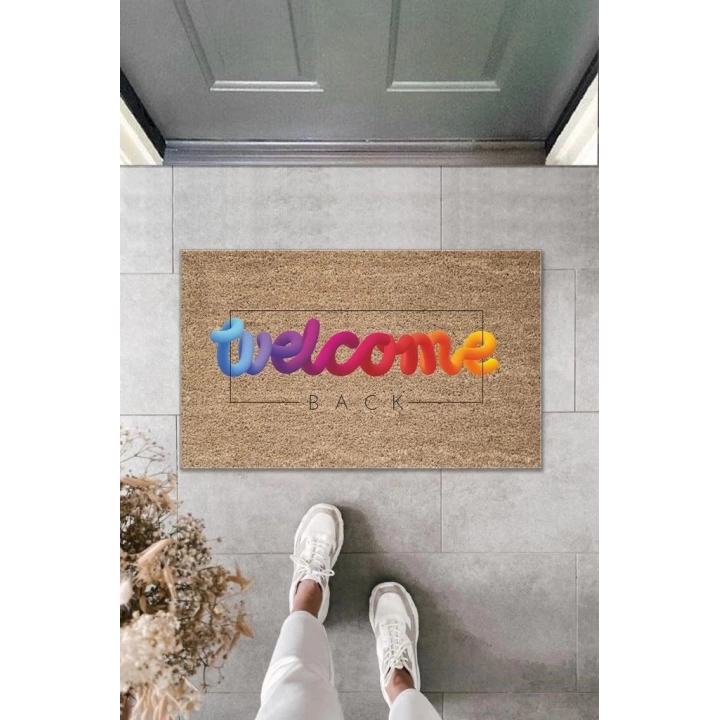 BFS Dijital Baskı Kahverengi Karışık Renkli Welcome Dekoratif Kapı Paspası K-2003