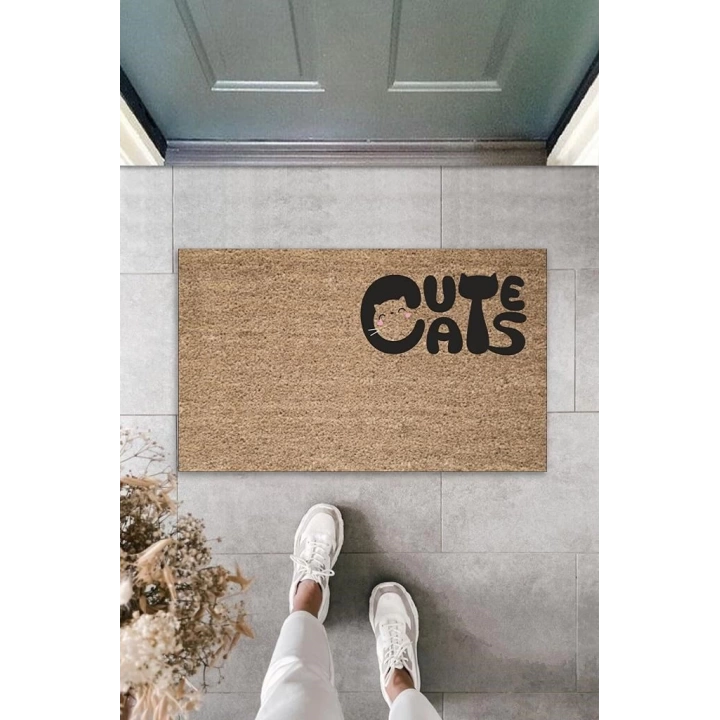 BFS Dijital Baskı Kahverengi Kedili Cute Cats Dekoratif Kapı Paspası K-2062