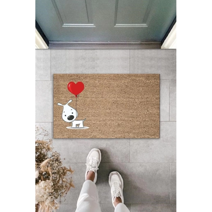 BFS Dijital Baskı Kahverengi Kırmızı Balonlu Beyaz Köpek Dekoratif Kapı Paspası K-2014