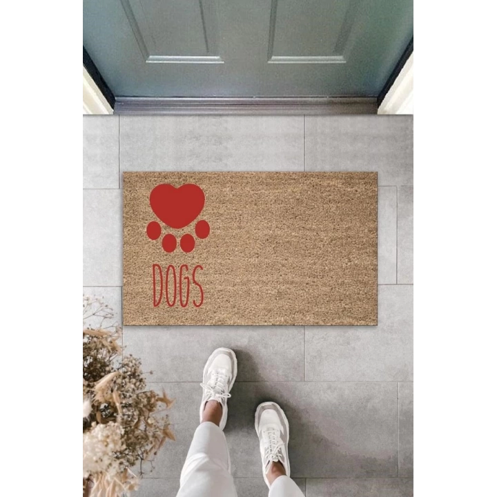 BFS Dijital Baskı Kahverengi Kırmızı Kalpli Dogs Dekoratif Kapı Paspası K-2072