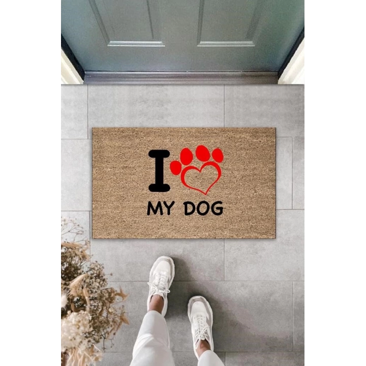 BFS Dijital Baskı Kahverengi Kırmızı Kalpli I Love My Dog Dekoratif Kapı Paspası K-2016