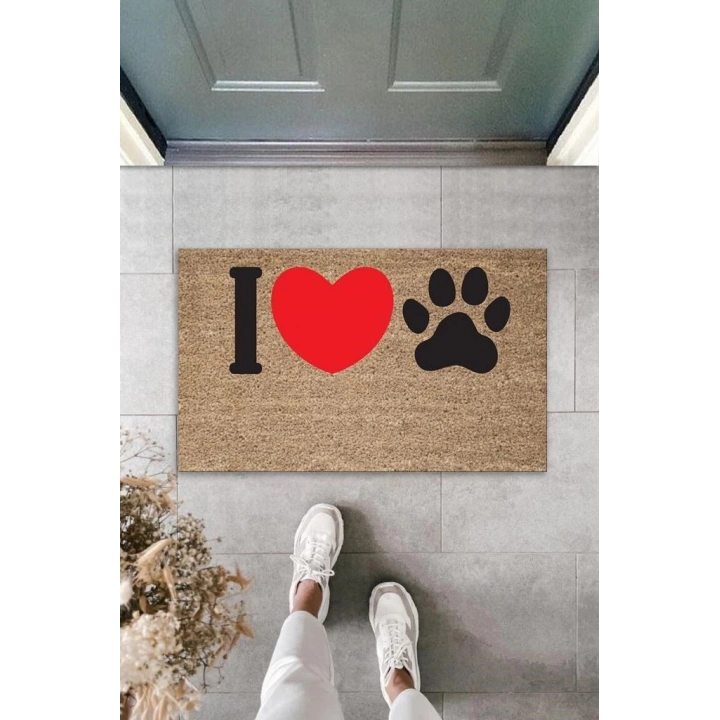 BFS Dijital Baskı Kahverengi Kırmızı Kalpli I Love Pati Dekoratif Kapı Paspası K-2074