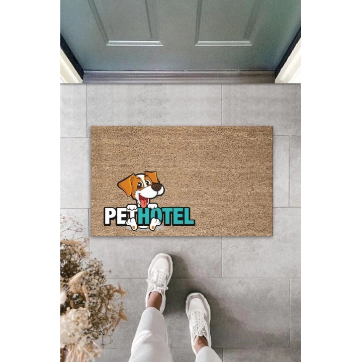 BFS Dijital Baskı Kahverengi Köpekli Pet Hotel Dekoratif Kapı Paspası K-2026