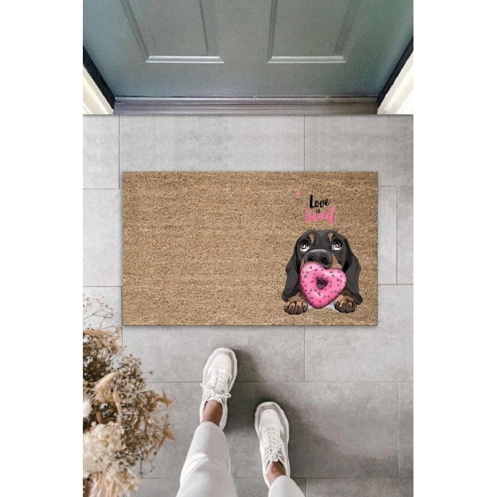 BFS Dijital Baskı Kahverengi Love Sweet Pembe Uzun Kulaklı Köpek Dekoratif Kapı Paspası K-2056