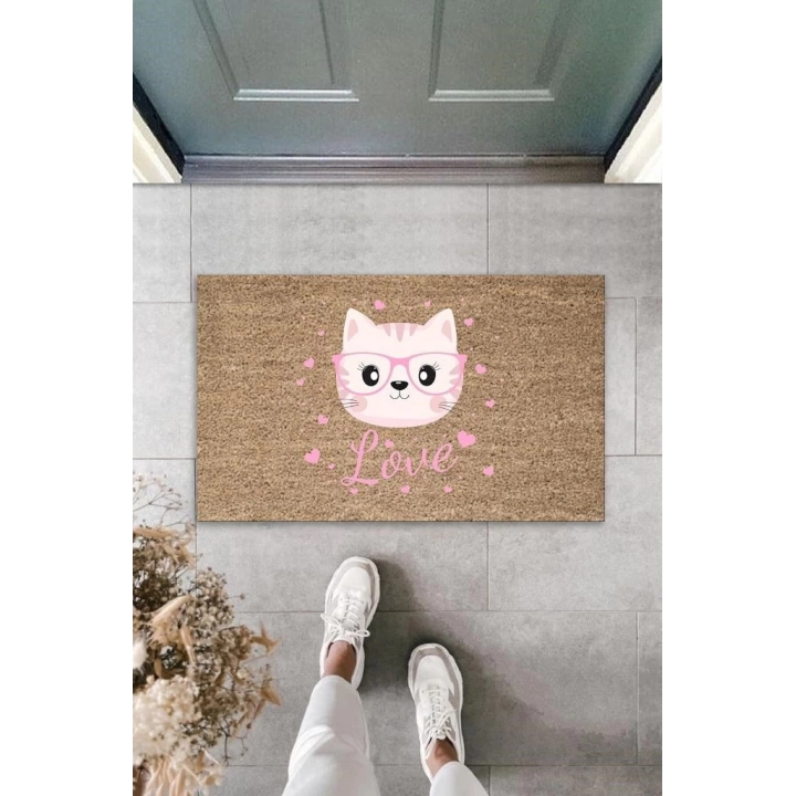 BFS Dijital Baskı Kahverengi Love Yazılı Pembe Gözlüklü Kedi Dekoratif Kapı Paspası K-2048