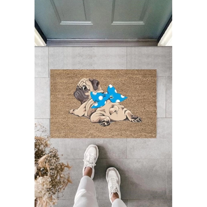 BFS Dijital Baskı Kahverengi Mavi Kurdelili Pug Kapı Paspası K-2107