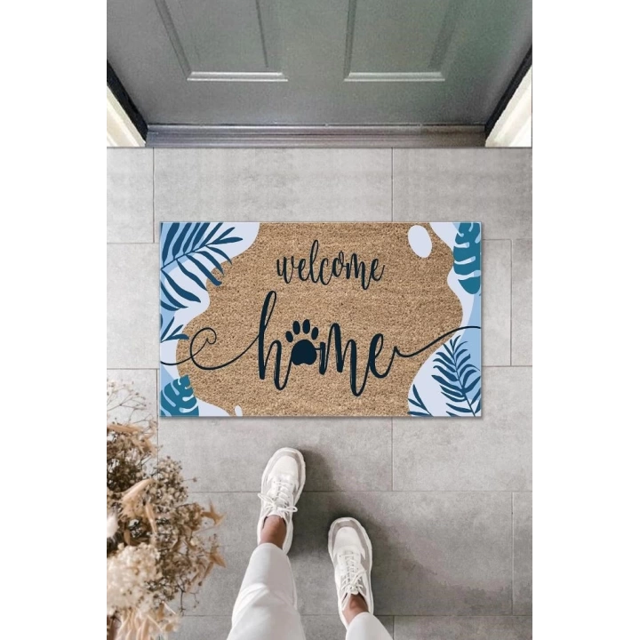 BFS Dijital Baskı Kahverengi Mavi Yapraklı Welcome Home Dekoratif Kapı Paspası K-2007