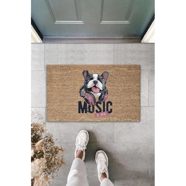 BFS Dijital Baskı Kahverengi Music Yazılı Kulaklıklı Köpek Dekoratif Kapı Paspası K-2042
