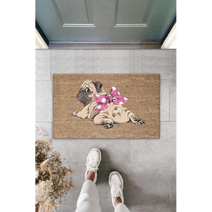 BFS Dijital Baskı Kahverengi Pembe Fiyonklu Yüzüstü Yatan Köpek Dekoratif Kapı Paspası K-2036