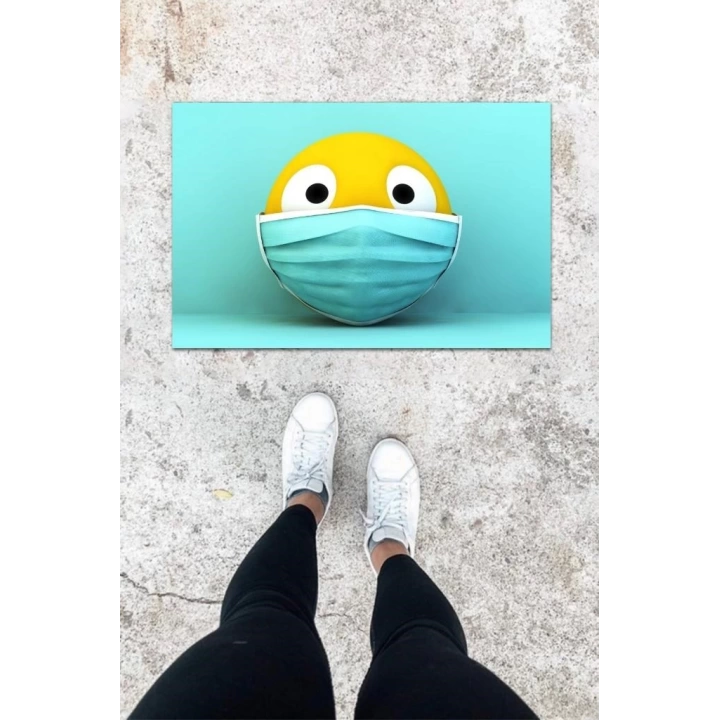 BFS Dijital Baskı Mavi Maskeli Emoji Desen Kapı Önü Paspası