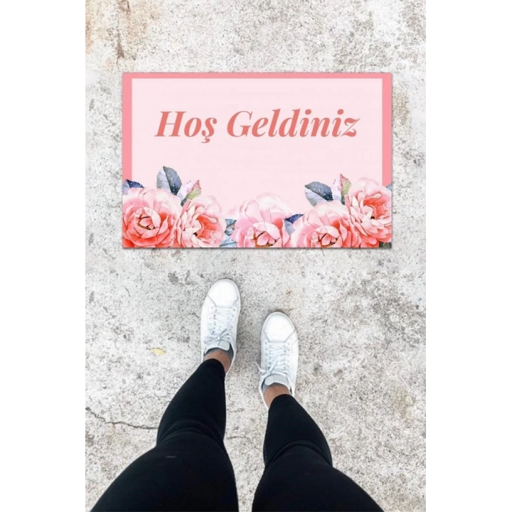 BFS Dijital Baskı Pembe Gül Desen Kapı Önü Paspası K-1011
