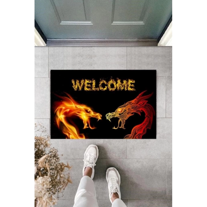 BFS Dijital Baskı Siyah Welcome Ejderha Paspas K-2110